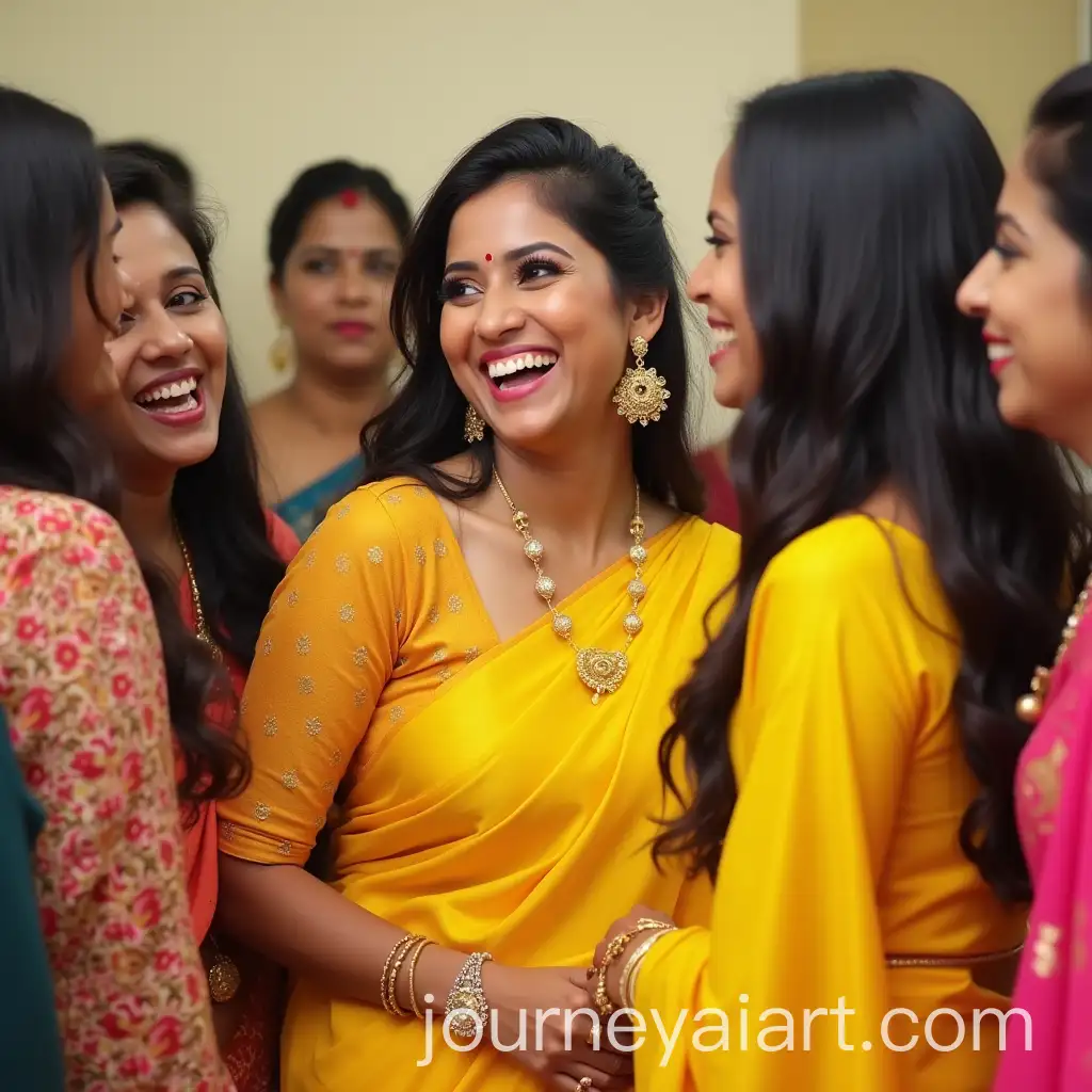 Happy-South-Indian-Bride-Laughing-with-Friends-in-Yellow-Saree