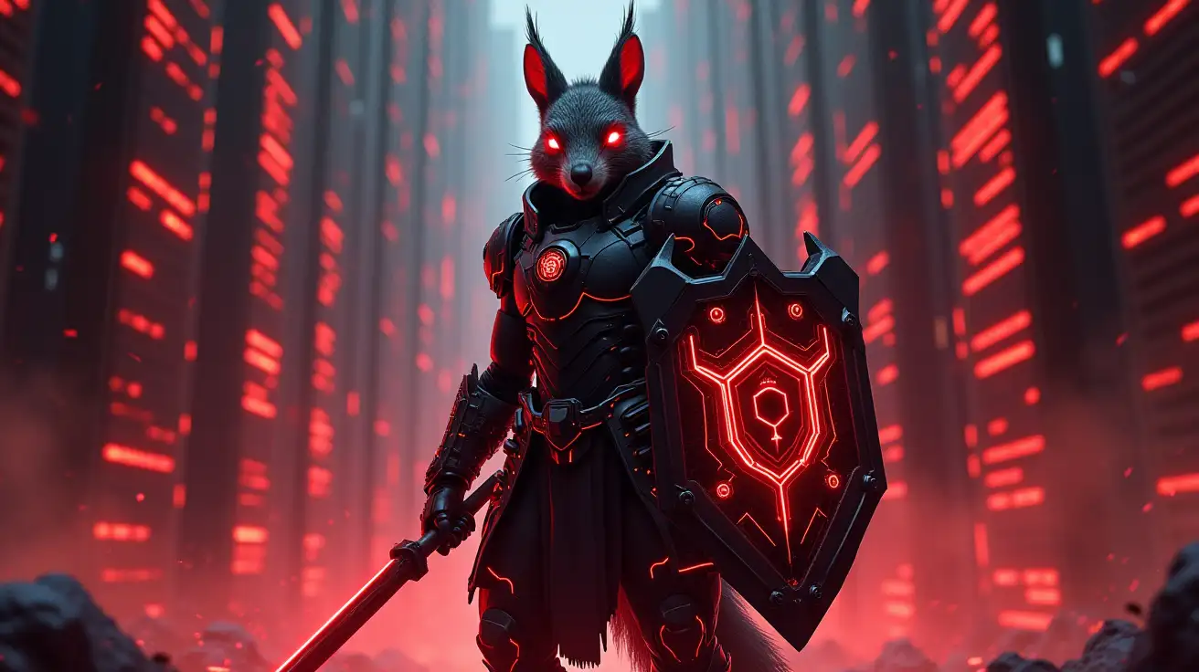 A dark, cyberpunk city looms in the distance, glowing red and black with encrypted towers and vertical code streams. At the entrance to a massive digital fortress - shaped like a towering vault or data stronghold - stands a powerful cybernetic squirrel knight. He is clad in dark, high-tech armor, angular and glowing with red lines of circuitry. His muscular, humanoid form radiates strength and precision. His eyes glow with focused intelligence, and his short fur and upright squirrel ears hint at his primal origins.nnIn his right hand, he holds a long, reinforced energy spear - glowing faintly at the tip, ready to strike. In his left, a massive digital tower shield embedded with surveillance optics and a central glowing emblem - the symbol of user access, like a divine firewall. His stance is protective and immovable, like a sentinel forged in code.nnBehind him, the crypto vault entrance pulses with layered security: hexagonal gates, biometric locks, and cascading firewalls. Around him, corrupted data fragments and warning sigils float in the smoky digital air. He is not just guarding an asset - he is protecting sovereignty, with honor and overwhelming force.