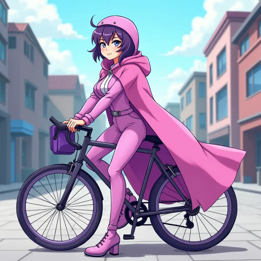 Draw a Velocycler in a pink-purple suit with a cloak and a purple bag, the background should be an anime-style city