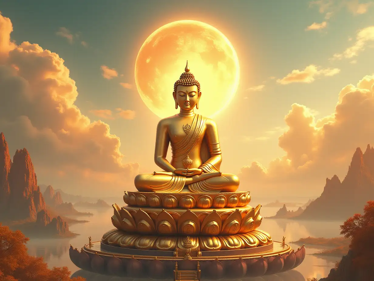 Golden-Buddha-Shakyamuni-Meditating-on-a-Lotus-Flower-Stage-with-Celestial-Offerings