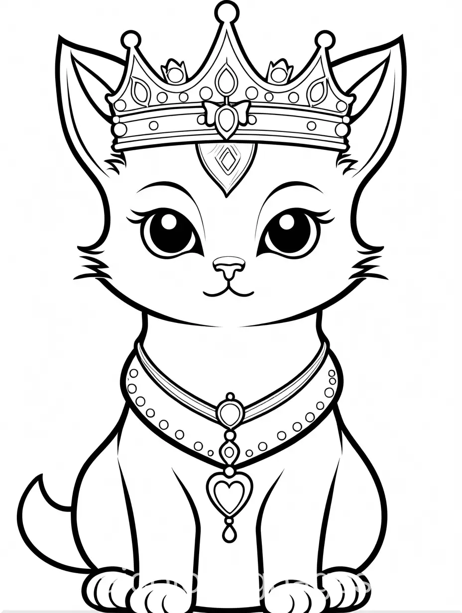 A kitten with a crown, as a little king or queen, Coloring Page, black and white, line art, white background, Simplicity, Ample White Space. The background of the coloring page is plain white to make it easy for young children to color within the lines. The outlines of all the subjects are easy to distinguish, making it simple for kids to color without too much difficulty