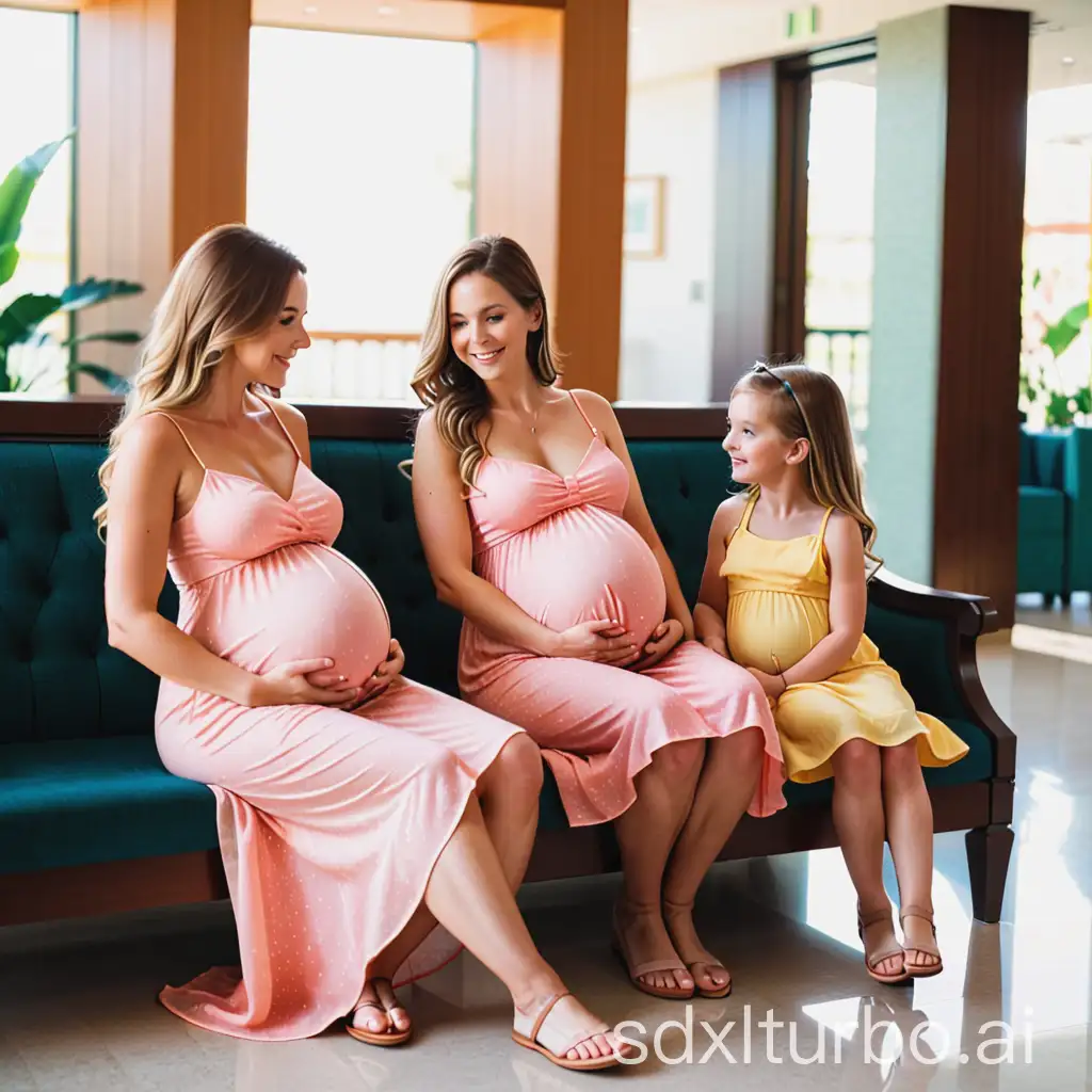 Pregnant-Mother-and-Daughters-in-Sun-Dresses-Sitting-in-Lobby