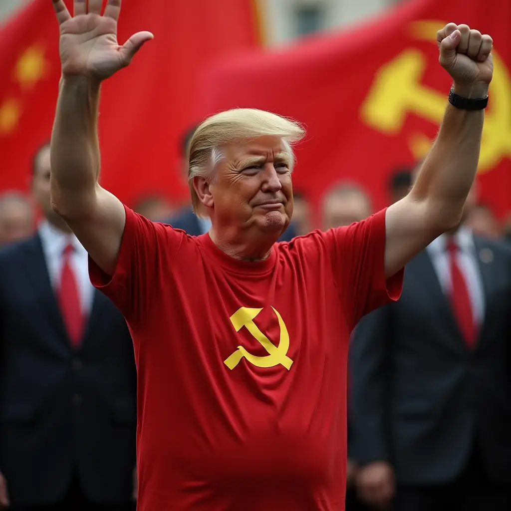 Donald Trump wearing a communist shirt in a soviet background