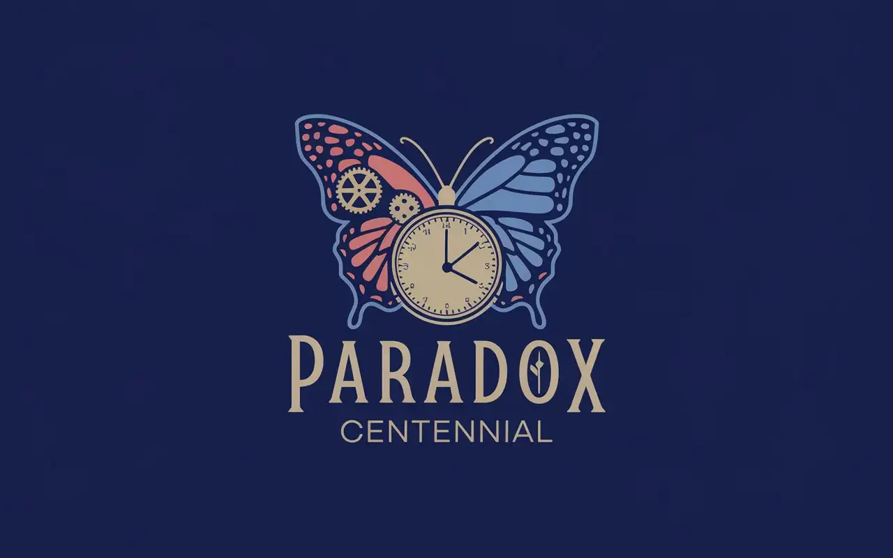 Logo design for a science fantasy novel. Paradox Centennial. Butterfly and clock imagery