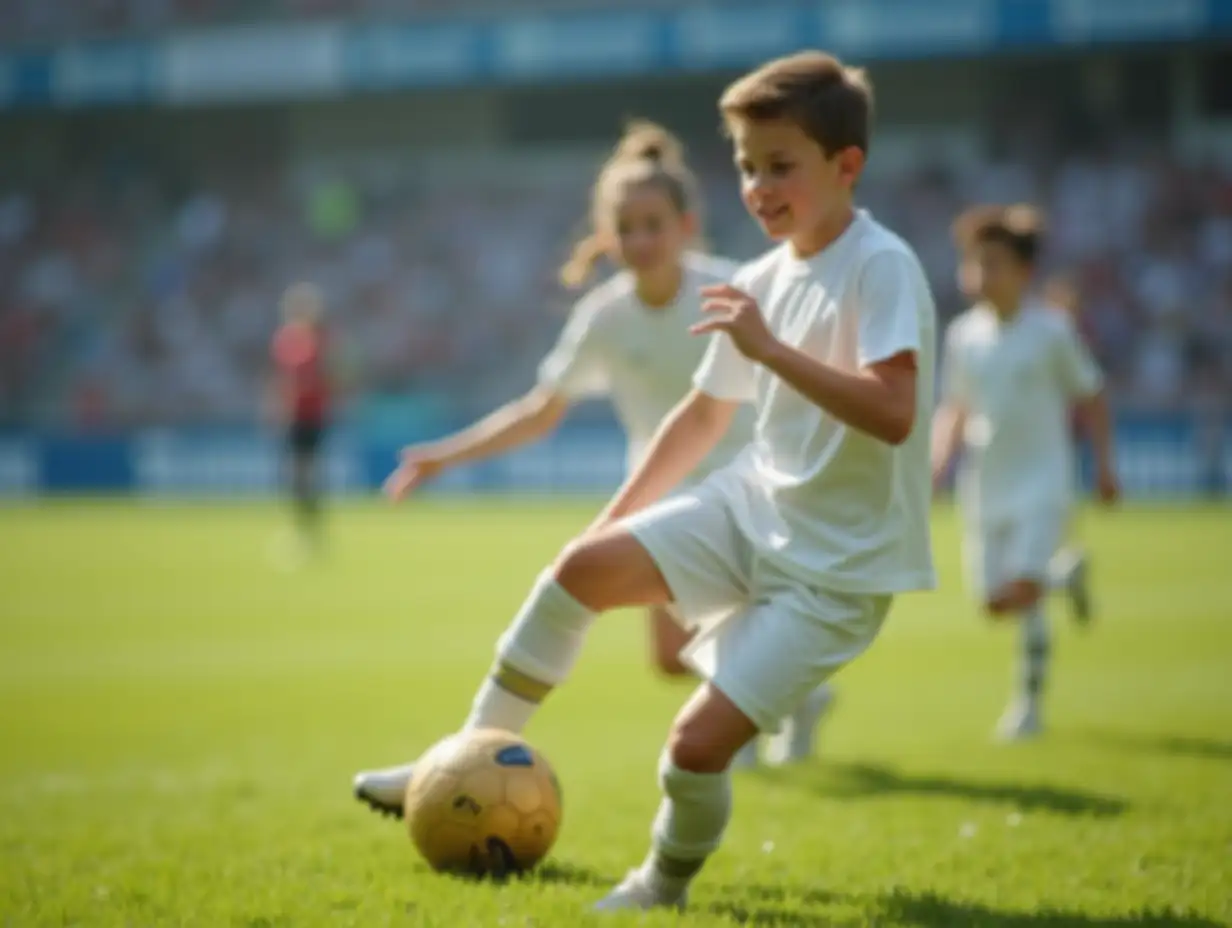 A boy of 9 years plays on the professional field as a super professional in white football form, future football star receiving golden ball as a reward