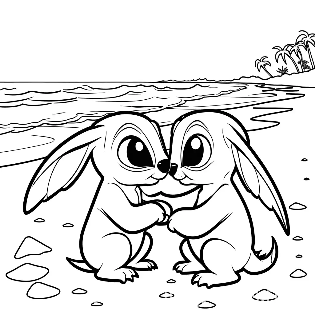 Stitch and Angel from the cartoon 'Lilo and Stitch' kissing on the beach, Coloring Page, black and white, line art, white background, Simplicity, Ample White Space. The background of the coloring page is plain white to make it easy for young children to color within the lines. The outlines of all the subjects are easy to distinguish, making it simple for kids to color without too much difficulty