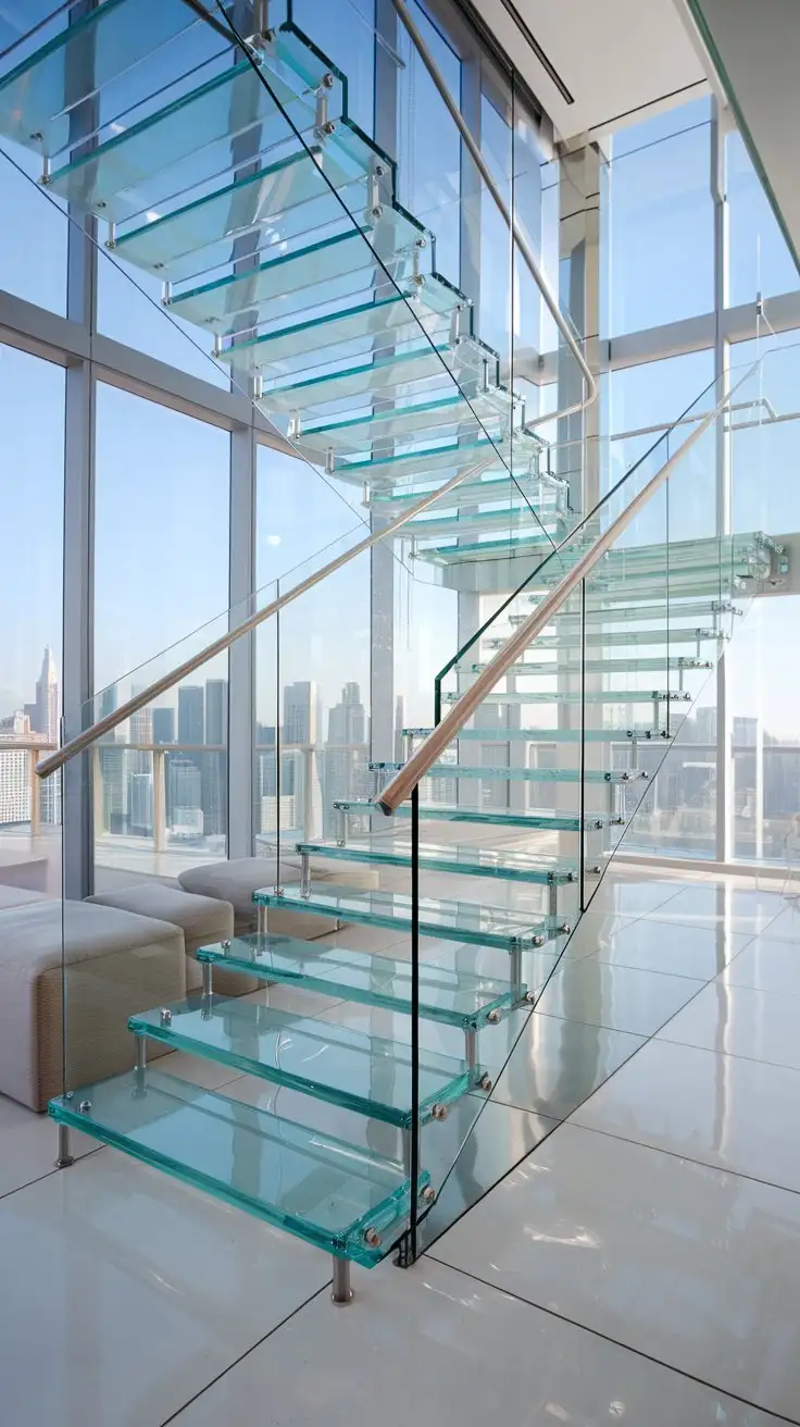 Interior photograph, medium shot, showcasing a glass staircase in a chic, modern penthouse. The staircase is constructed entirely of thick, transparent glass treads and railings, supported by sleek stainless steel fixtures. The backdrop features a city skyline view through large windows. The lighting is bright and airy, emphasizing the transparency of the glass. Style: Luxury interior, high-end design, crystal clear, professional photography, no people present.