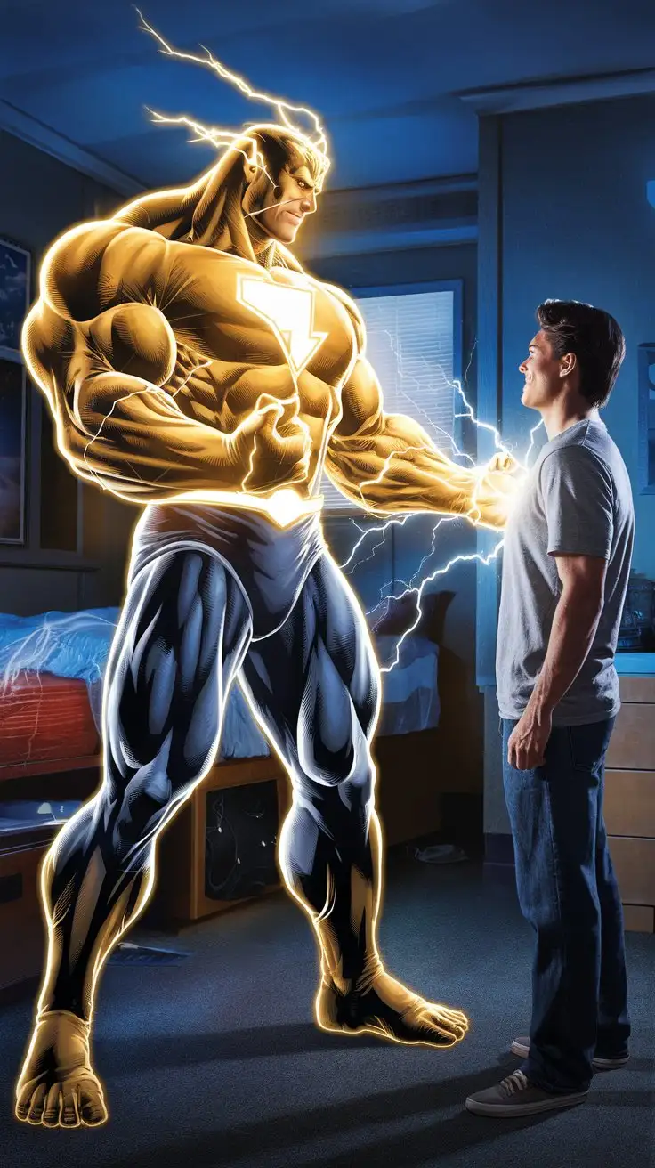 In a dorm room at night. Supercharged brawn. Herculean powers. Golden electric glow. 32 years old. Superhero. Standing facing an ordinary 18-year-old, Shooting lightning from his palms into the 18-year-old’s body, giving him superpowers. Photorealistic.