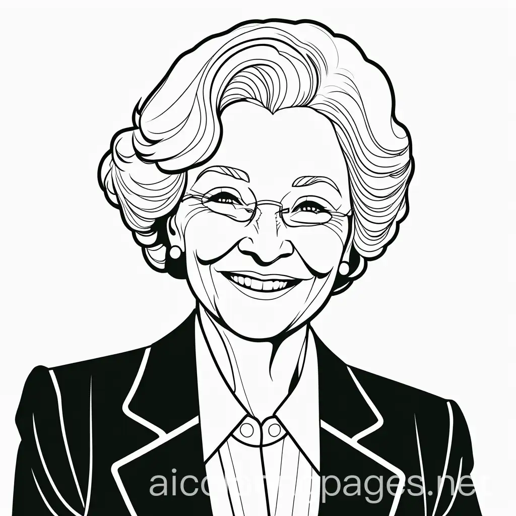 old woman wearing a black suit jacket and black dress pants with a white shirt, smiling, Coloring Page, black and white, line art, white background, Simplicity, Ample White Space.