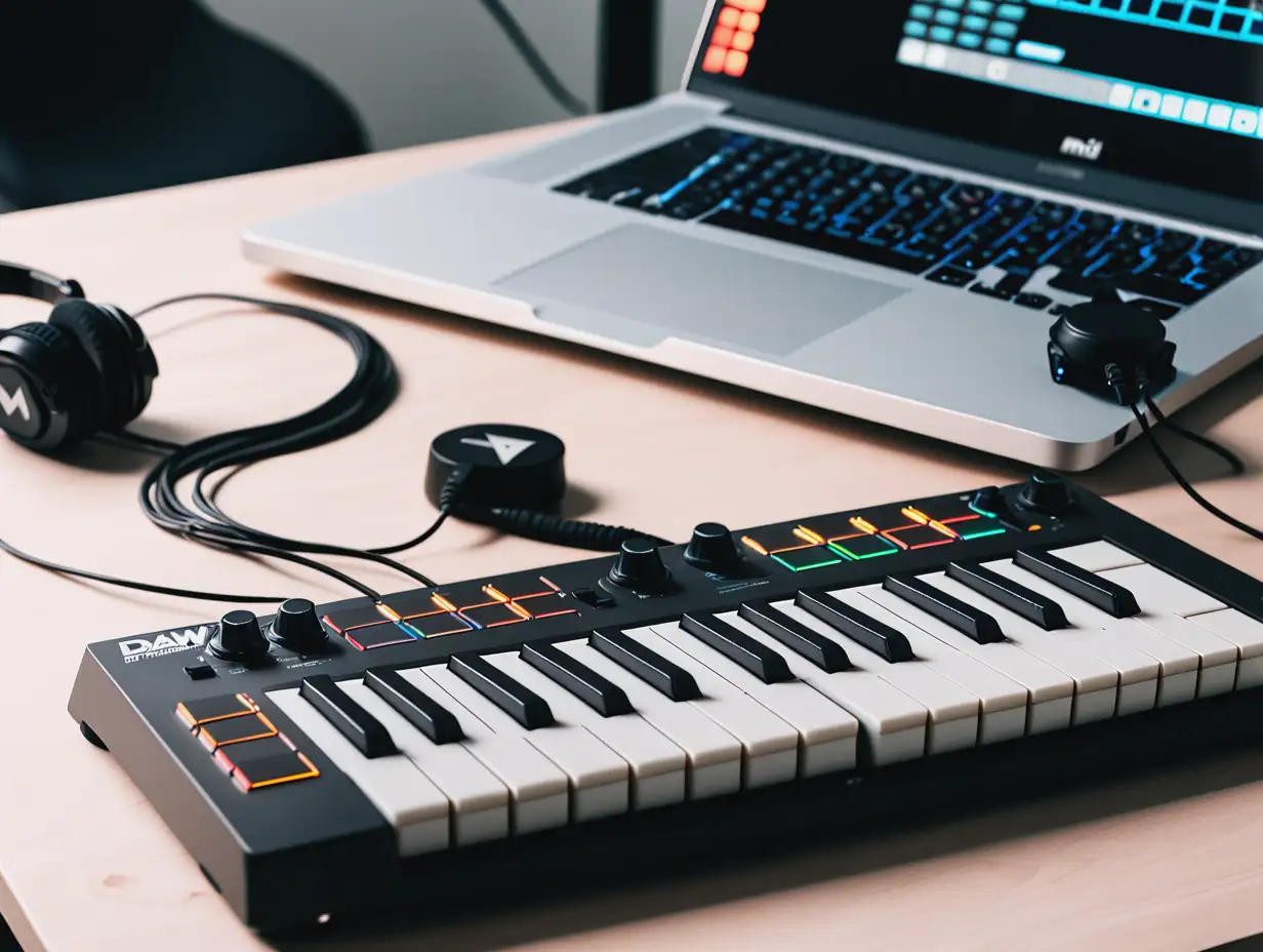 CloseUp of MIDI Controller and Laptop DAW Setup