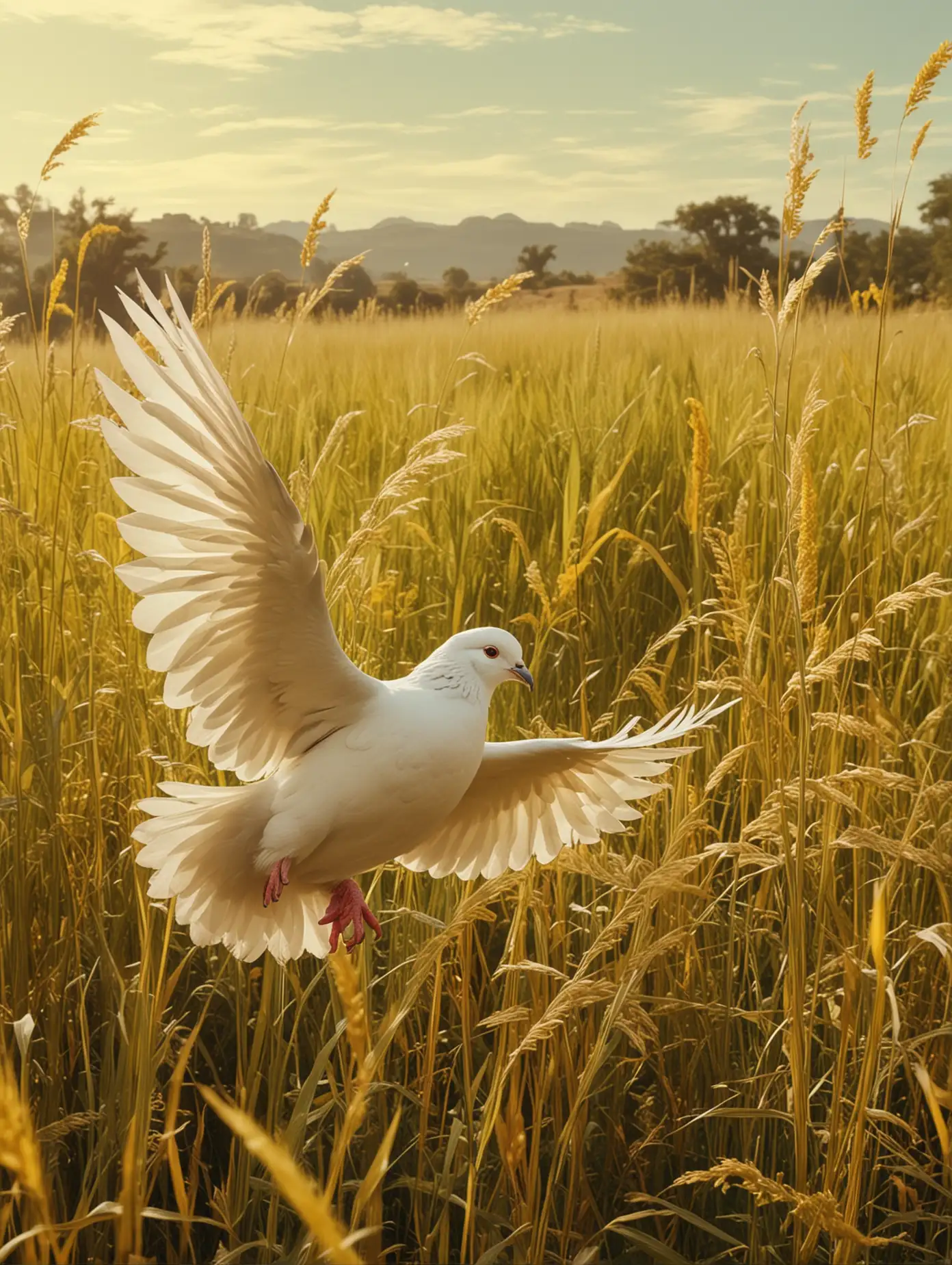 Pioneer Fantasy Scene with Fluffy White Pigeon in Yellow Palette