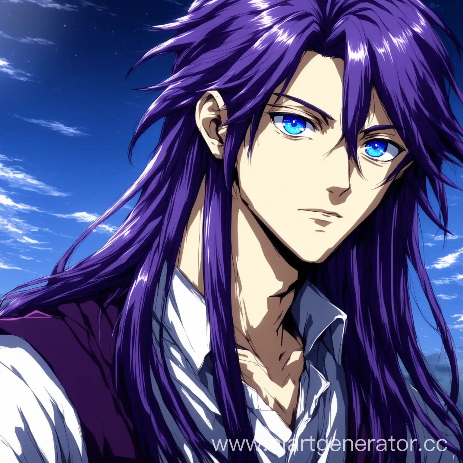 Young male, purple long hair, blue eyes, anime style