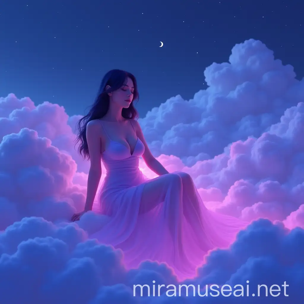 Woman in Stunning Digital Light Dress Sleeping in Midnight Sky