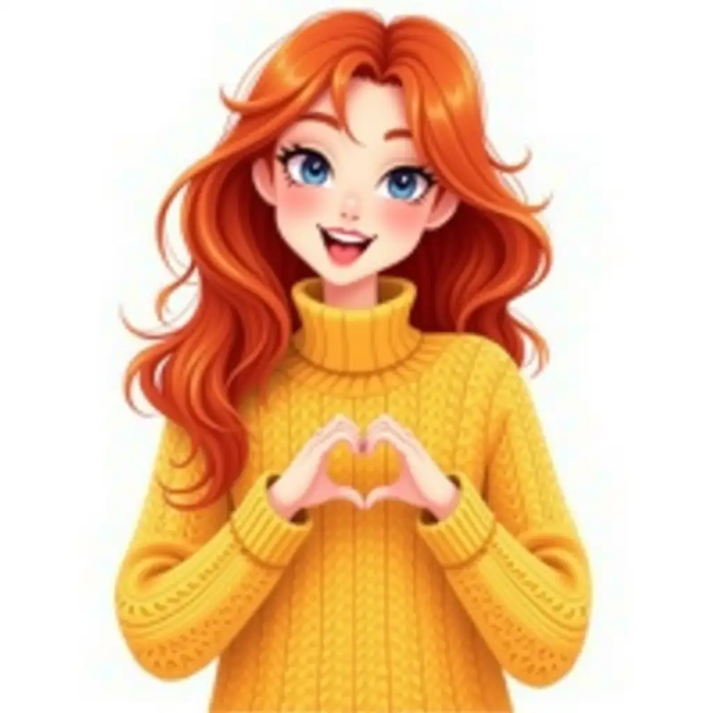 A caricature of a beautiful girl with red hair wearing a cozy knitted yellow sweater. She is making a heart gesture with her hand. The background is white.