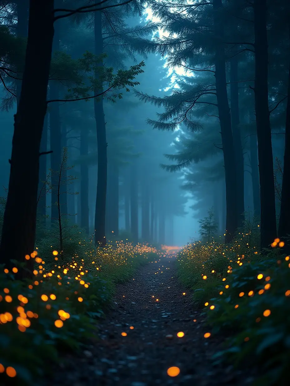 Magical atmosphere at night, where fireflies light the way, style of Lord of the Rings, Lord of the Rings