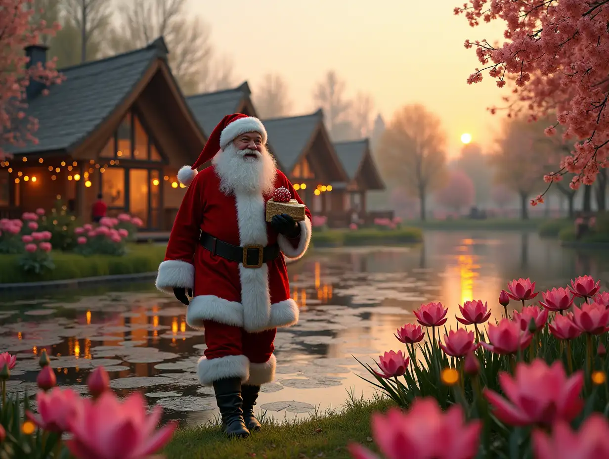 A cheerful and smiling Santa Claus with gifts walks across the lawn near the coffee house terrace decorated with garlands, where there are many tables at which hospitable families drink warm drinks and eat pastries, the terrace is located on the shore of a huge eco-pond with a large number of pink lily pads, and on the other side of this pond, cheerful people of different ages walk along the shore just like on the other side there are only 3 small one-story chalet houses, these houses have the appearance of a one-story chalet with a gable tiled roof, each roof slope is smooth without bending, These chalet houses are built from a system of wooden beams, consisting only of vertical wooden beams, and only in the half-timbered style. Between the glass beams, the glass walls are panoramic windows in all walls from the floor to the roof, that is, each wall is a panoramic window, on the other shore among the houses there are trees on which bright garlands shine. at sunset and in the reflections of sunset light, the foreground view is in focus, and the background is blurred, realistic