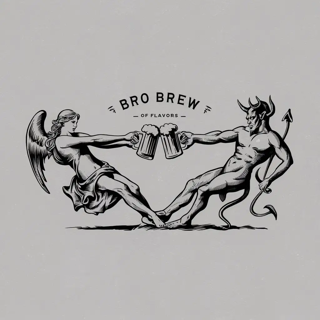 a logo design,with the text "Bro Brew", main symbol:An angel and demon pull in different directions a beer mug,Minimalistic,clear background