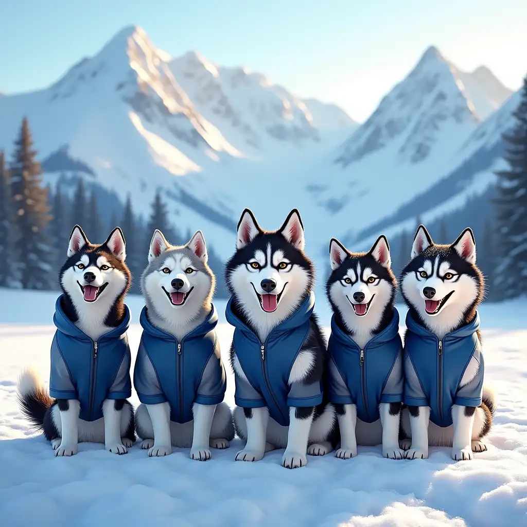 Create a hyper-realistic logo for the Alaska Husky Club. In the foreground are portraits of five smiling Husky dogs, dressed in sports clothes, with black, white and gray furs. They pose on a snowy landscape, surrounded by sparkling snow and soft winter sunlight that creates long shadows. In the background are the majestic mountains of Alaska, covered with snow caps. The logo is placed at the top, made in clear, powerful letters that emphasize the spirit of the club. The color palette includes bright blue, white and gray shades, creating a contrast with the warm light, giving the scene a friendly and active atmosphere.