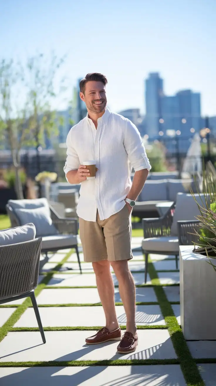 Wide shot of a man in his late 20s standing on a sunny patio, smiling and holding a coffee cup. He is wearing a white linen button-down shirt with rolled-up sleeves, khaki tailored shorts, and brown leather boat shoes.  The patio has outdoor furniture and plants, with a blurred cityscape in the background. Bright, sunny day. Midjourney, photorealistic.