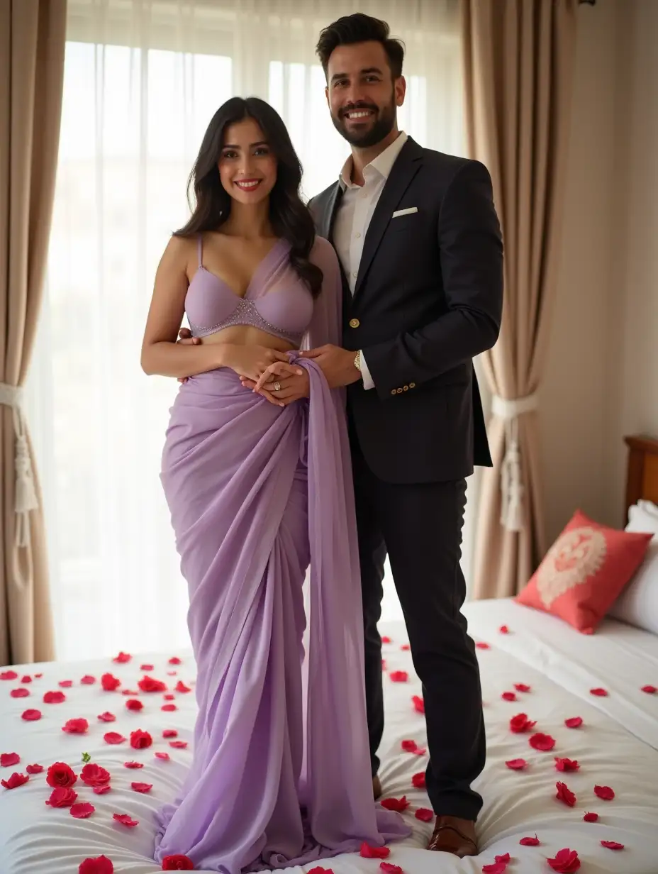 A stunning full-body beautiful and gorgeous white Indian bhabi standing in a romantic embrace, smiling warmly. She has a curvier figure with a cute, beautiful round face and is wearing a half saree of light purple color. Saree is plain, beautiful and of net material. She is wearing a sleeveless, deep v neck short blouse showing cleavage, navel, and waist. Bra has small cups, enhancing the stylish modern western look. She has a fair, radiant white skin tone. She is a little fuller. She has hot Pink lips. She has a beautiful figure and stunning looks. She has black and open straight hair. She has heel in her legs. The man is dressed in a well-fitted, stylish dark suit standing behind her and also has a fair white skin tone. Man has beard and moustache, white skin, good looking and handsome. Both looking straight at camera on front side. The background features a beautifully decorated bedroom with flowers, rose petals on white bedsheet enhancing the intimate and romantic atmosphere. Focus more on couple than background. Make 1080p resolution image. Both looking at front. Bright Sunlight brightening and shining the room completely.