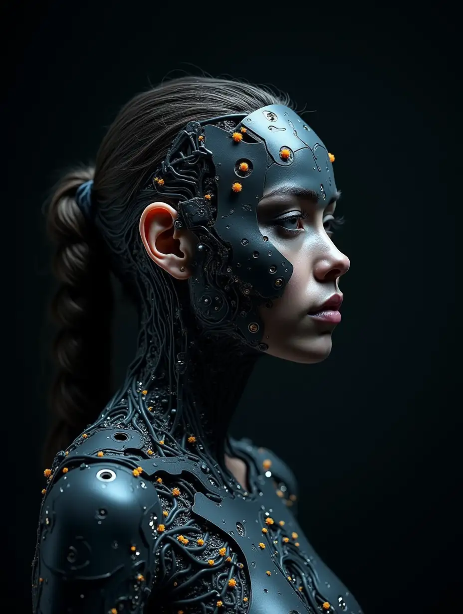 beautiful inner tribal cyborg woman merging with electronic circuitry against dark background