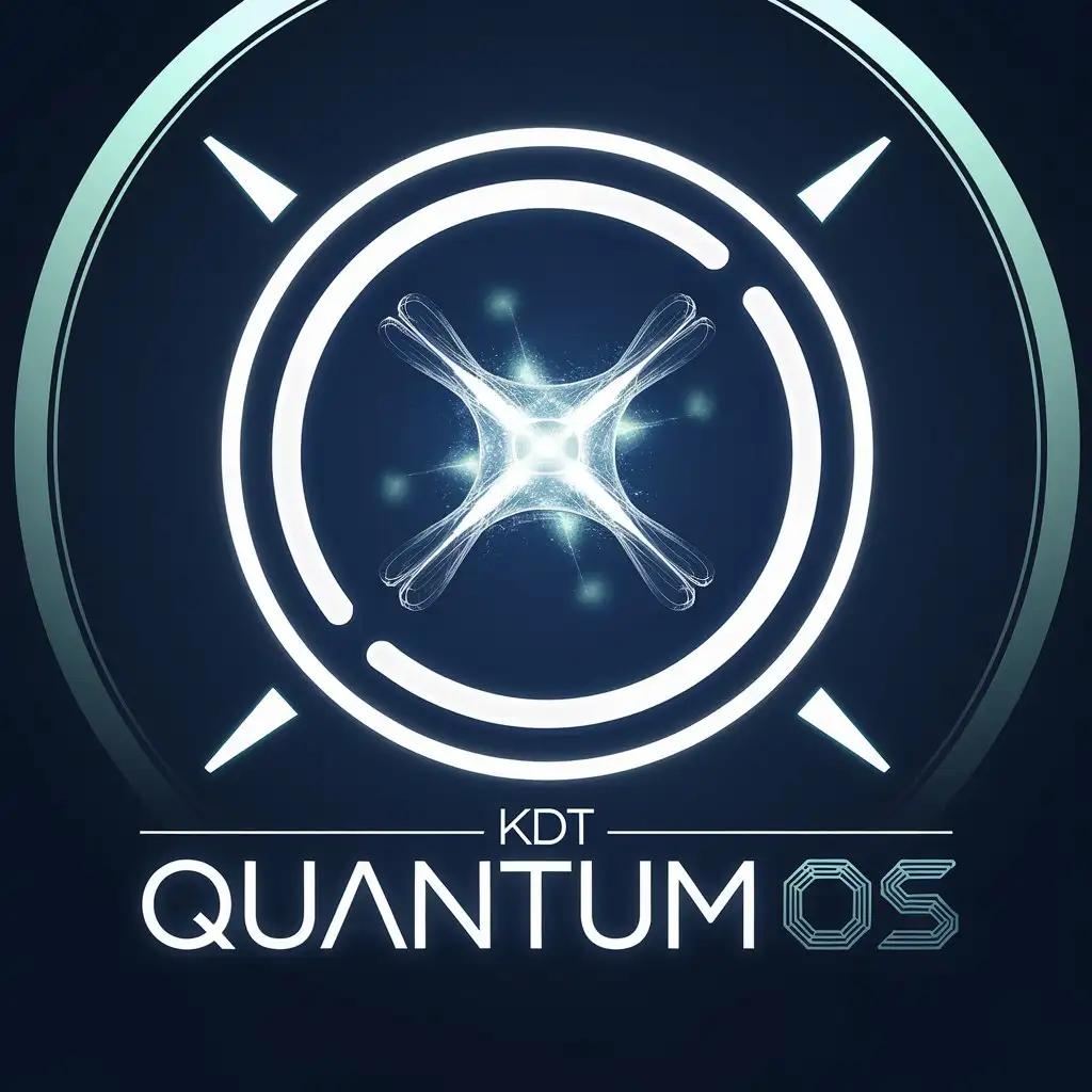 LOGO Design for KDT Quantum OS Deep Electric Blue White and Neon Accents with Futuristic Typography and Quantum Particle Symbol