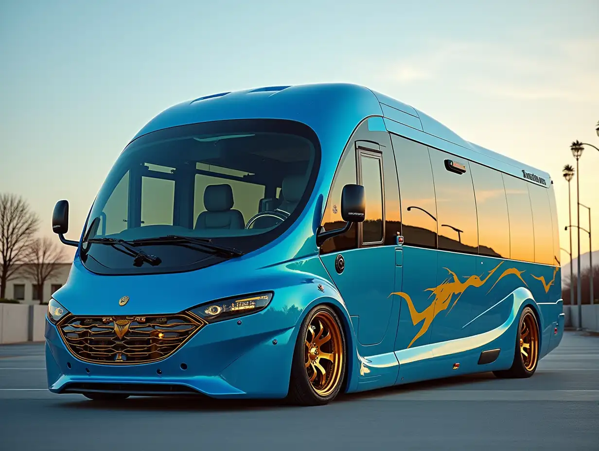 A supermodern utopian sports bus in Golden Lightning Blue color, with a lowered body, 18-inch rims, aluminum wheels, Cream Blue Gold, Cyberpunk.