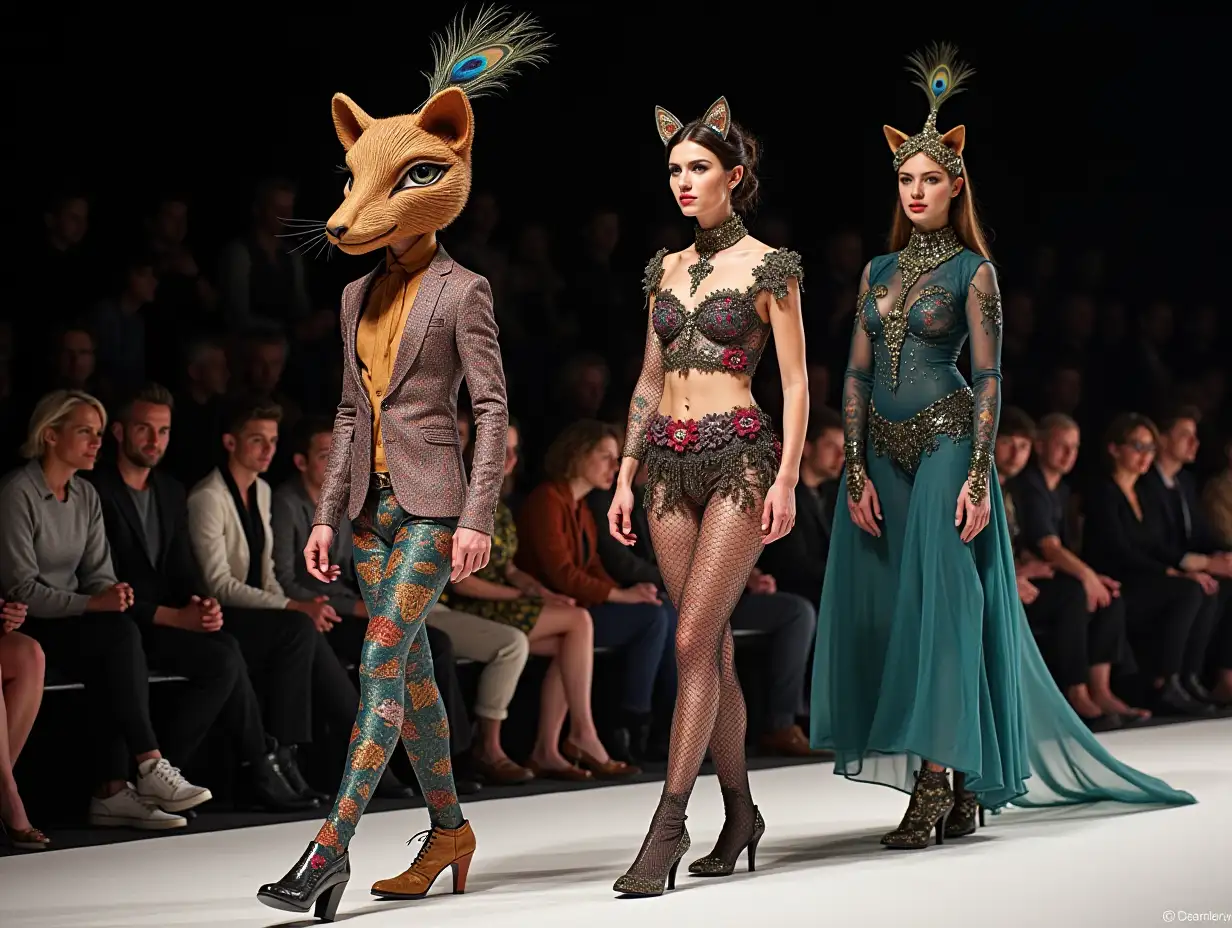 Ki-Fantasy, a mix of man-, cat- and peacock head design with beautiful shoes at a fashion show