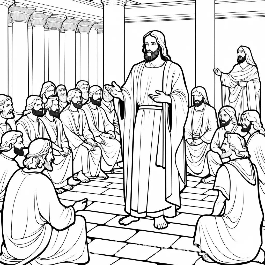 A detailed line drawing of Jesus teaching a parable. Depict him with kind eyes and surrounded by a group of attentive listeners. Use a historical setting and include elements like a robe and sandals., Coloring Page, black and white, line art, white background, Simplicity, Ample White Space. The background of the coloring page is plain white to make it easy for young children to color within the lines. The outlines of all the subjects are easy to distinguish, making it simple for kids to color without too much difficulty