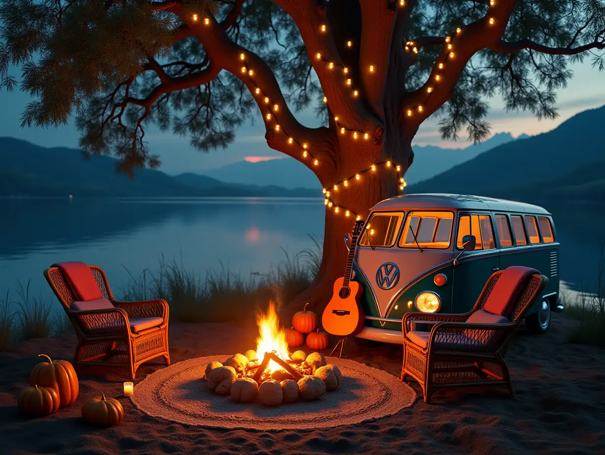 Ultradetailed hyperrealistic portrait a vwbuß a guitar leans on the vw buß lake with a very large tree with light chain pumpkins with candles campfire two rattan chairs with blanket aufwendig detailed, colorful