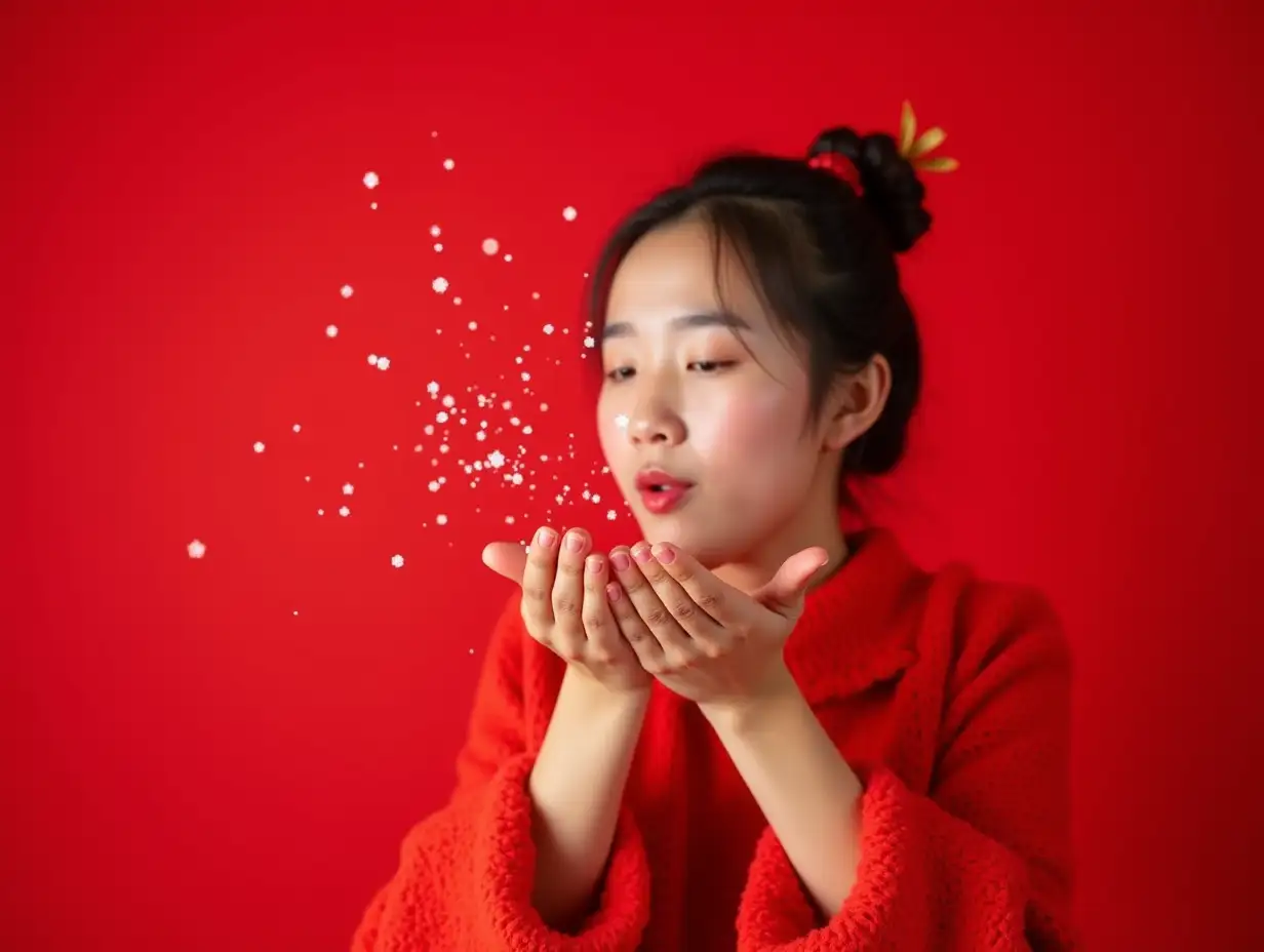 Young-Chinese-Woman-Blowing-Snowflakes-with-Red-Copy-Space-Background