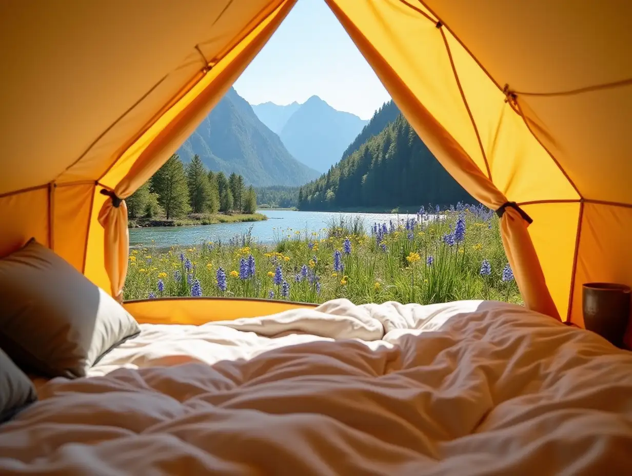 Cozy-Bedroom-Tent-in-a-Sunny-Field-by-the-River-with-Mountains-and-Flowers