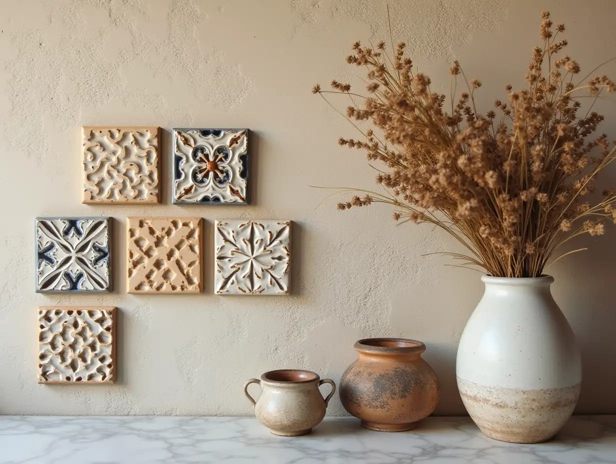 Textured-Wall-with-Handmade-Ceramic-Tiles-and-Rustic-Vase-of-Dried-Flowers