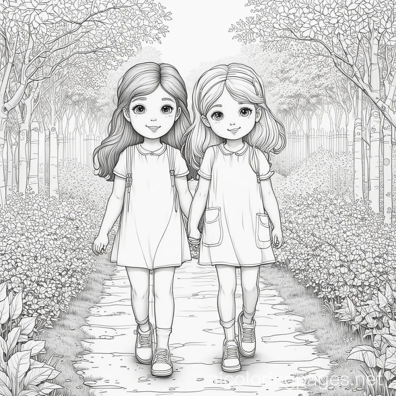 Two-Girls-Enjoying-Nature-in-Black-and-White-Line-Art