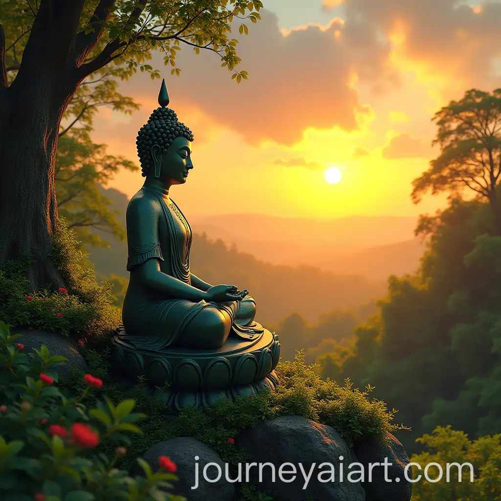 Buddha-at-Sunrise-Surrounded-by-Lush-Greenery-and-Vibrant-Colors