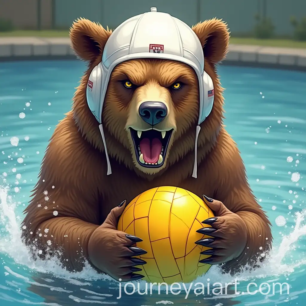 Angry-Bear-Holding-Yellow-Water-Polo-Ball-with-Cap