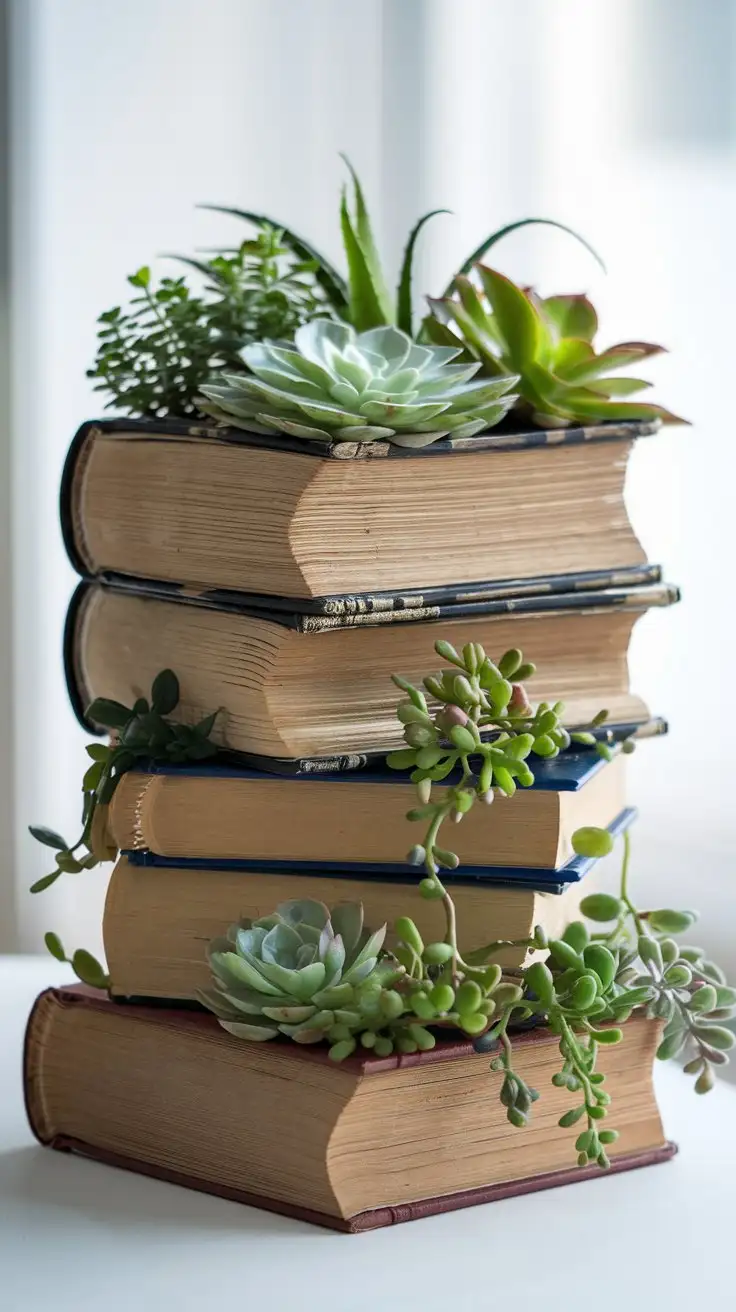 A stack of three hollowed-out hardcover books, each serving as a planter. Succulents and small green plants are thriving in each book planter. Books are slightly aged with visible page edges. Bright, natural light, plants are vibrant green. Midjourney, studio lighting, clean background