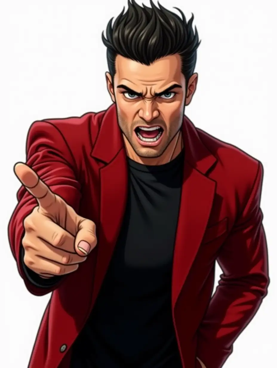 Create a detailed image of a confident man with sharp features, short dark hair, wearing a red blazer over a black t-shirt. The man is pointing upward with his right hand, showing an expressive and intense facial expression. Ensure the background is transparent for use as a PNG.