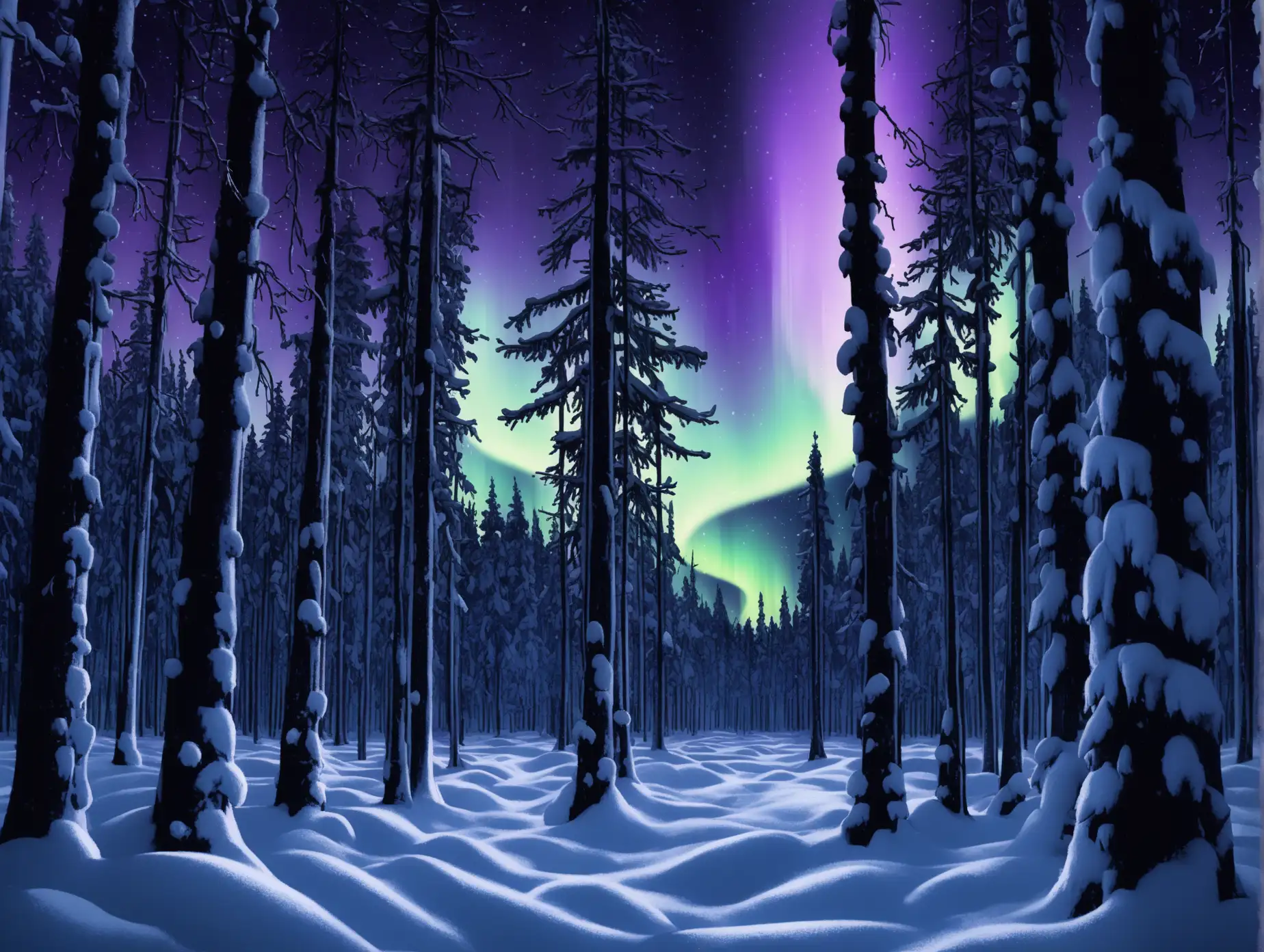 Magical-Winter-Forest-at-Night-with-Northern-Lights-in-Lapland