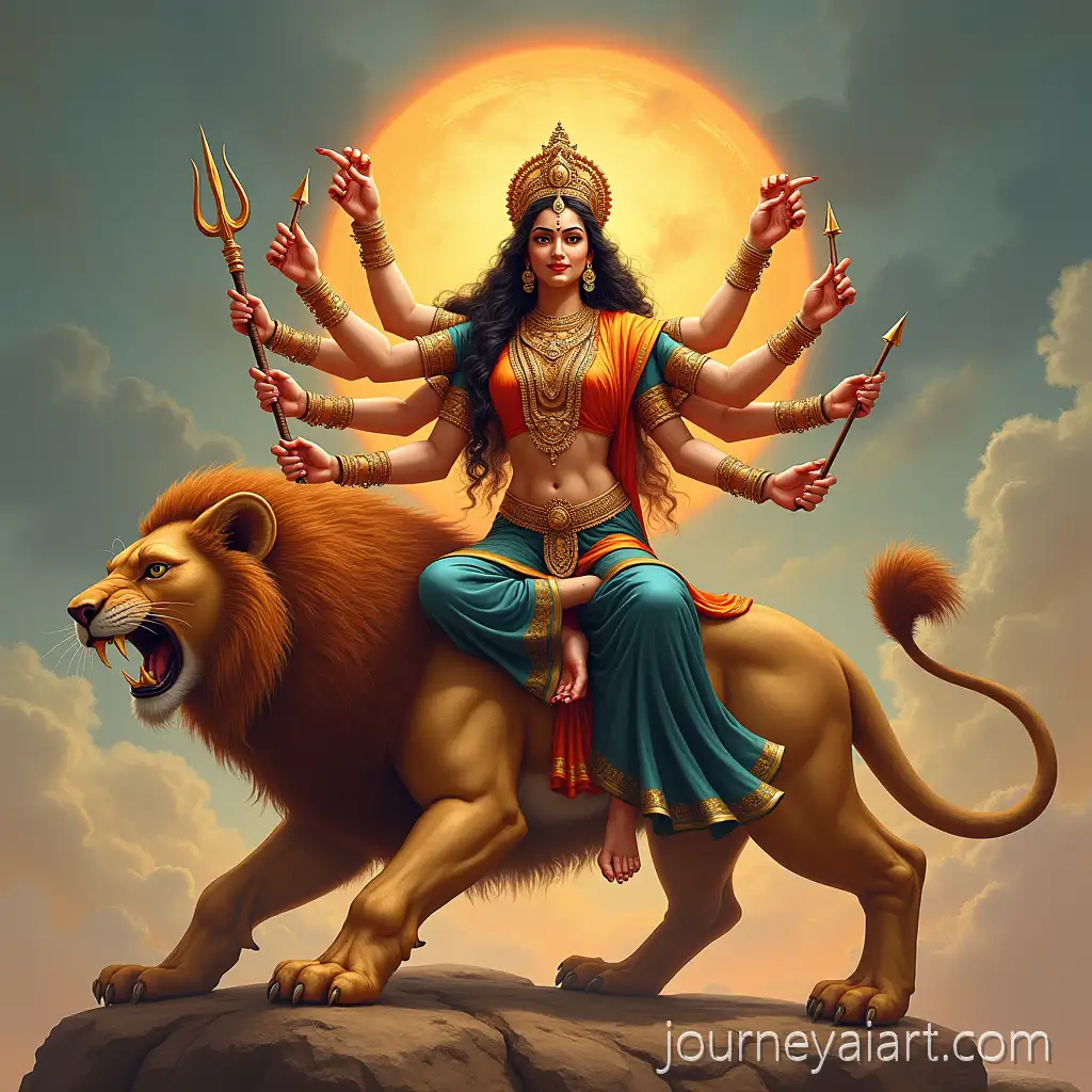 Divine-Goddess-Durga-Seated-on-RoaringDivine-Goddess-Durga-Artwork-Lion-with-Ten-Arms