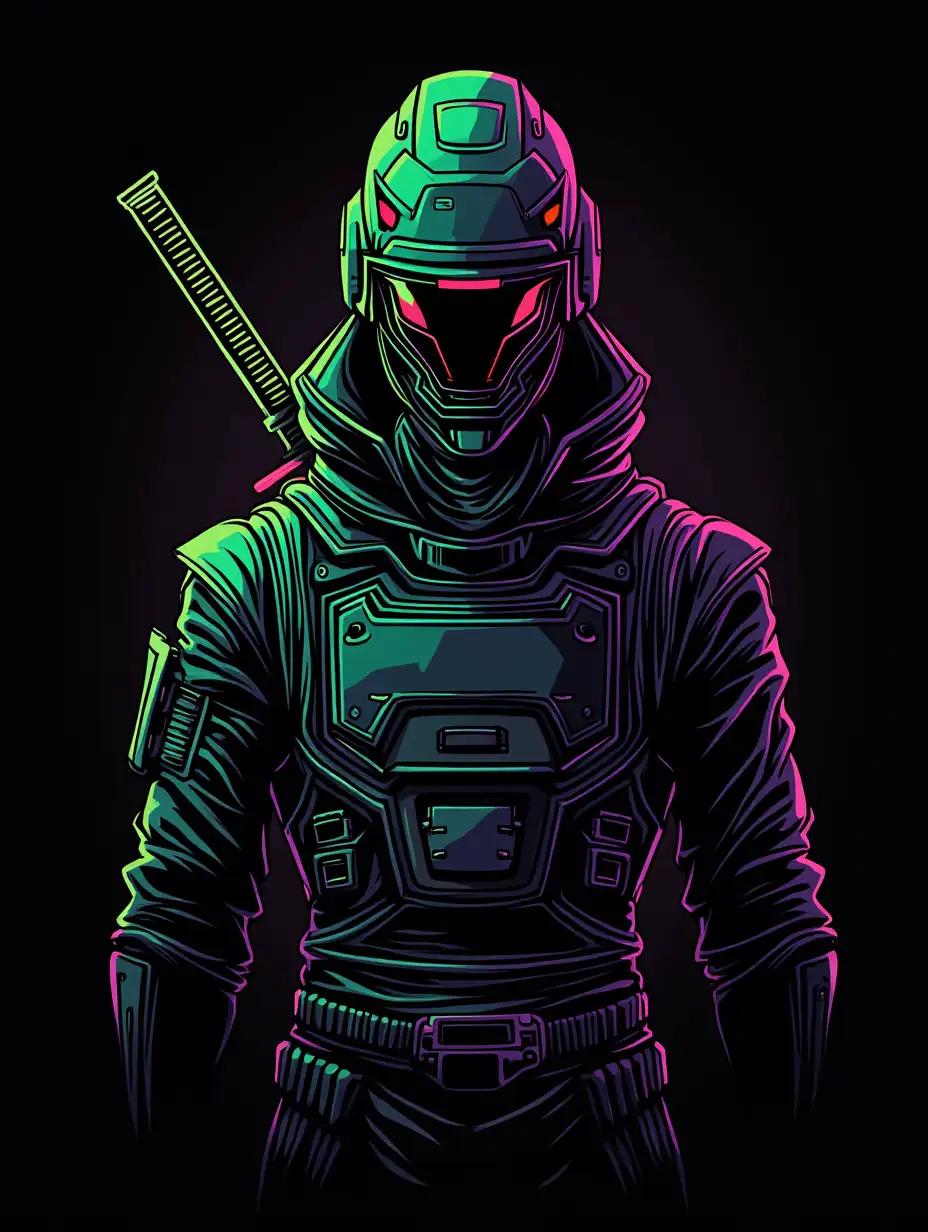 T-shirt design graphic novel line illustration, and Mecha robot samurai wearing Techwear, graphic vector. neon green and purple color, simple line, minimal, clean black bold outline inspired by Machine56. futuristic, edgy, cyberpunk-inspired. flat design. clean black background.