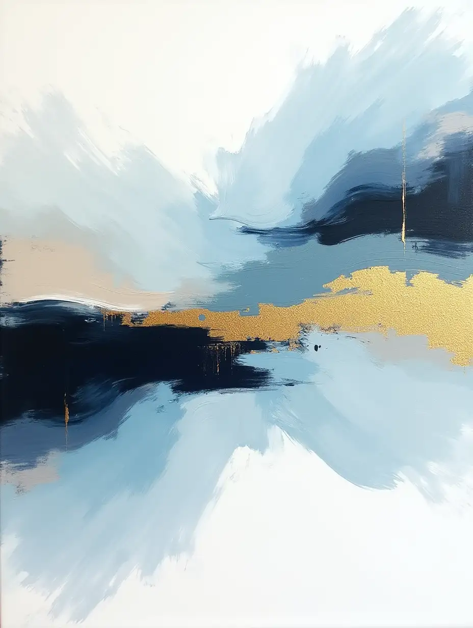 Create an abstract painting with layered, overlapping brushstrokes in powder blue, pitch black, and golden beige tones. Incorporate smooth gradients between the pastel and dark colors, with sharp lines of gold and white for contrast. The composition should feel airy yet bold.