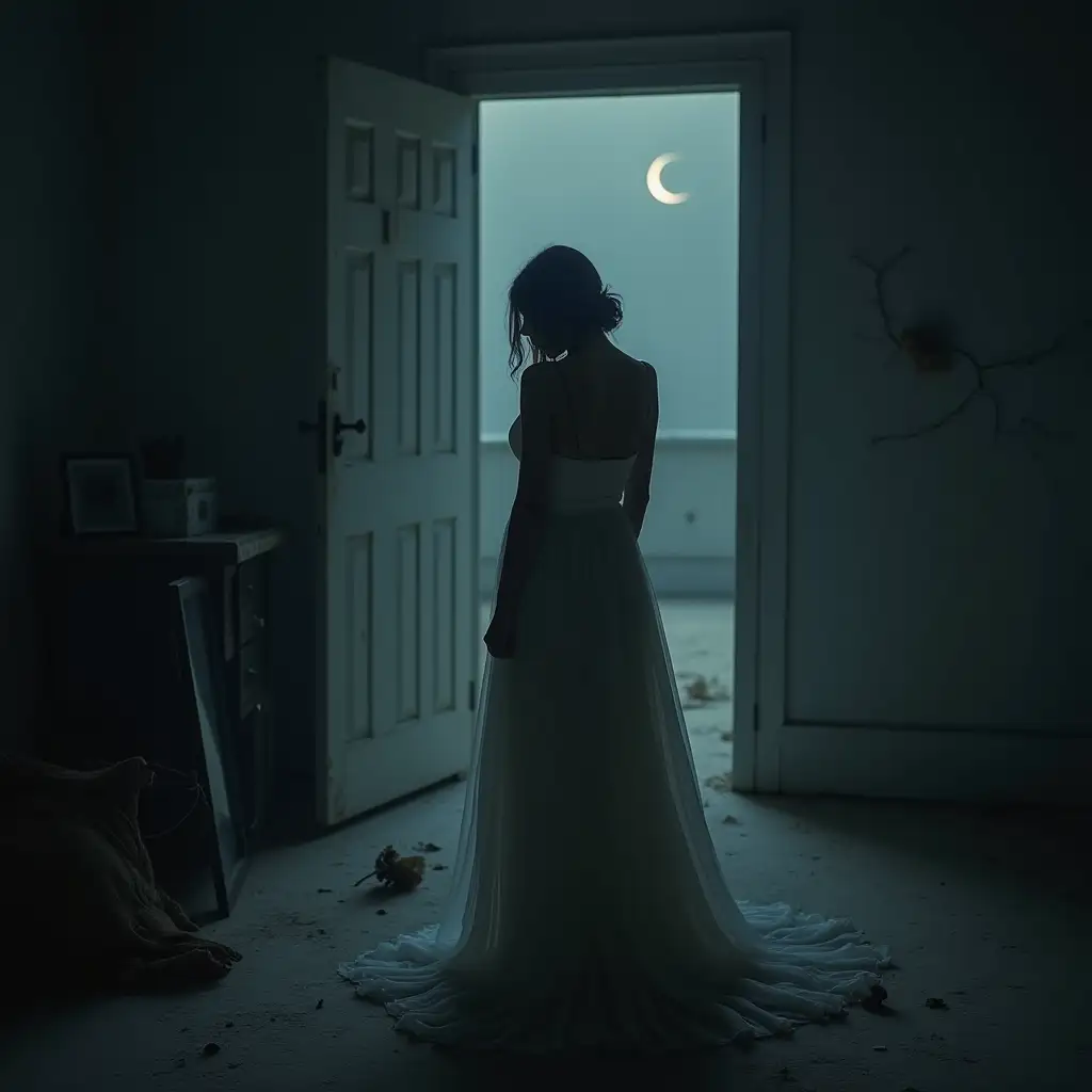 A hauntingly beautiful photo of a woman standing alone in a dimly lit, abandoned room. Her back is turned to the camera, and her head is slightly bowed, conveying a sense of despair, longing, or introspection. In the foreground, there are some symbolic elements that reflect the song's themes, such as: - A broken mirror or shattered glass, representing the fragmented self or the pain of past relationships. - A withered flower symbolizing the decay of love or the suffocating nature of toxic emotions. - A faint, glowing light in the distance, hinting at the possibility of hope, redemption, or escape from the darkness. The color palette could be muted, with shades of gray, blue, and purple dominating the scene, to evoke a sense of melancholy and contemplation. Overall, the cover photo should evoke a sense of haunting beauty, introspection, and emotional intensity, drawing the listener into the song's dark, atmospheric world.