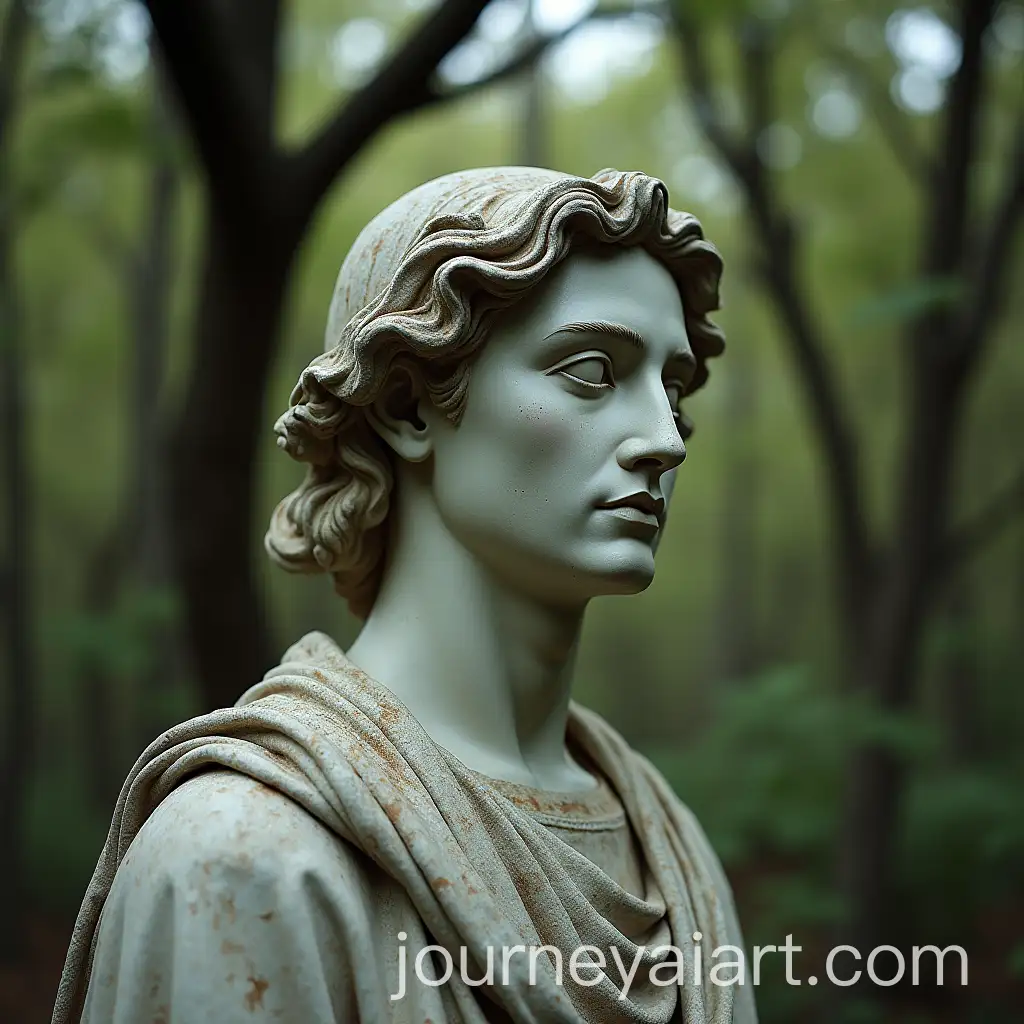 Old-Statue-Surrounded-by-Trees-with-Camera-CloseUp-on-Face