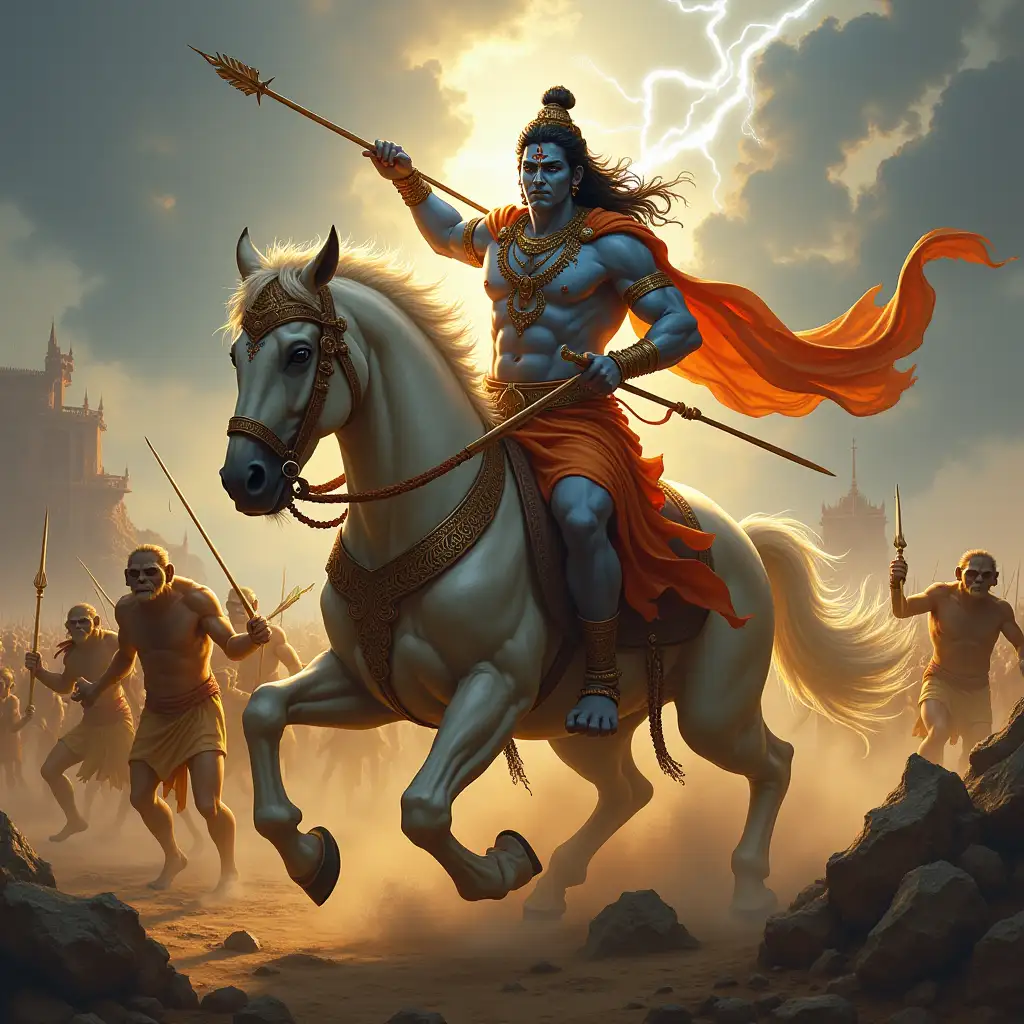 An epic depiction of Lord Rama in the midst of the Ramayana battle, standing valiantly on a chariot driven by Hanuman. Rama is holding his celestial bow, the Kodanda, with an arrow glowing with divine energy aimed at the enemy. His expression is fierce yet composed, radiating divine strength. Surrounding him is a battlefield with swirling dust, clashing warriors, and fallen weapons. In the background, the Lanka fortress looms under a dramatic sky with streaks of lightning. Vanaras (monkey warriors) are seen charging alongside Rama, adding to the intensity of the scene.