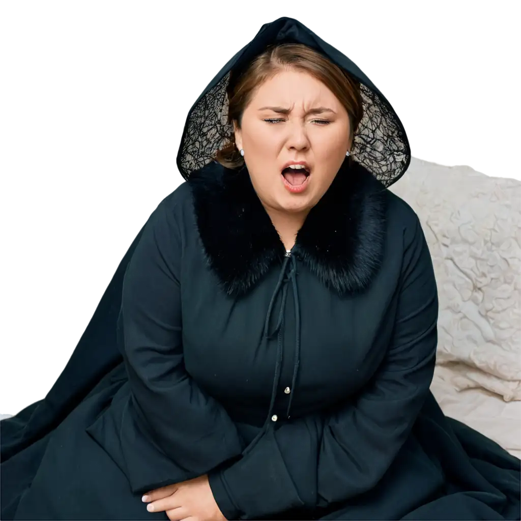 Chubby-Woman-Crying-on-Bed-with-Veil-and-Fur-Collar-PNG-Image-for-Emotional-and-Dramatic-Visuals