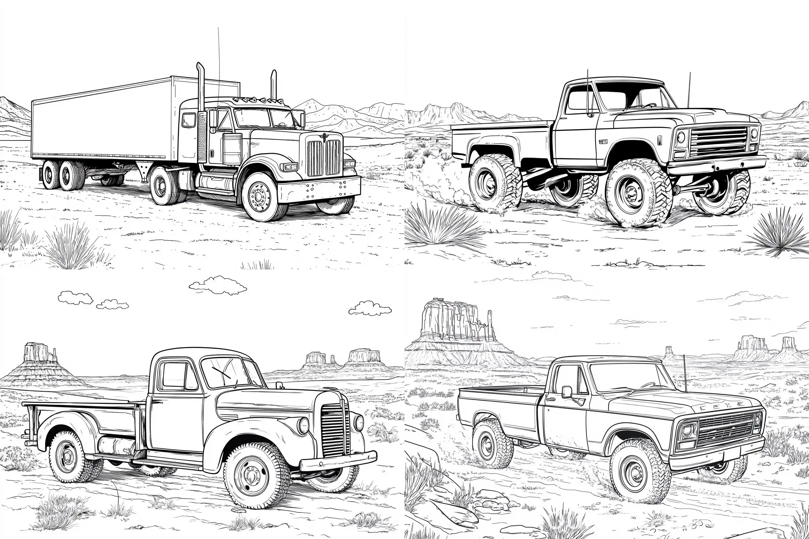 Coloring-Book-for-Kids-American-Truck-in-Desert-Outline