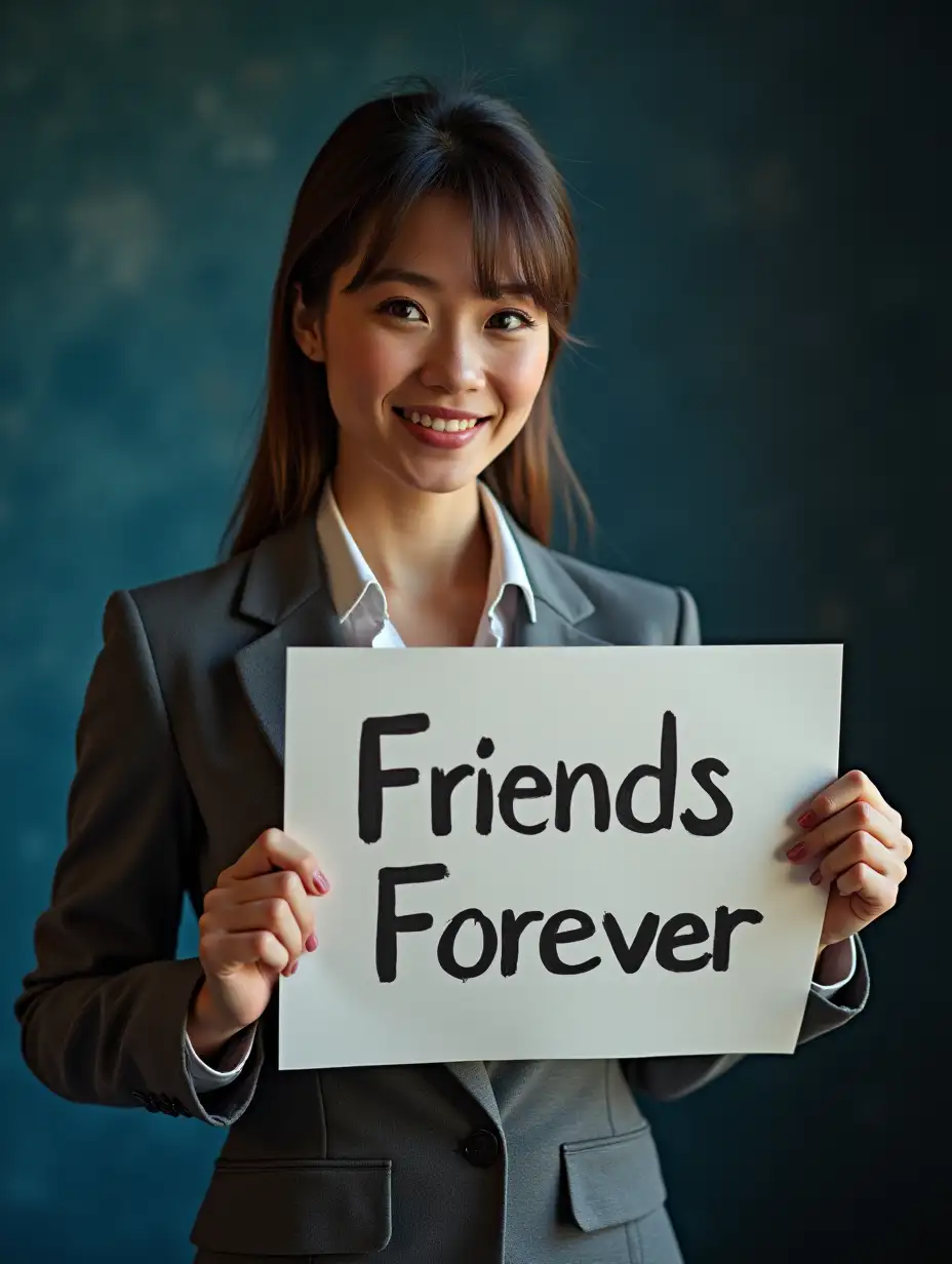 a women dressed in bussiness suit, holding a sign that says 'Friends Foreever'.she in space