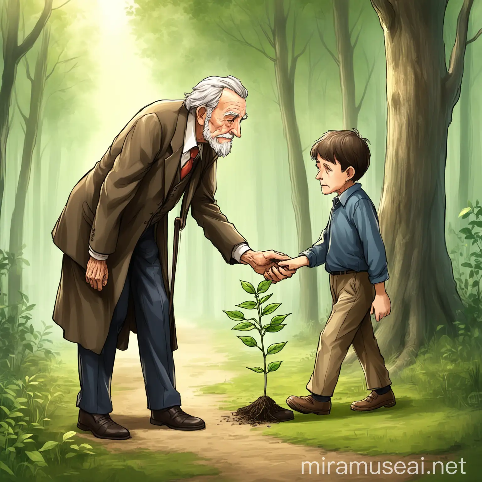 Wise Old Man Teaching Wealthy Businessmans Son in Forest Setting