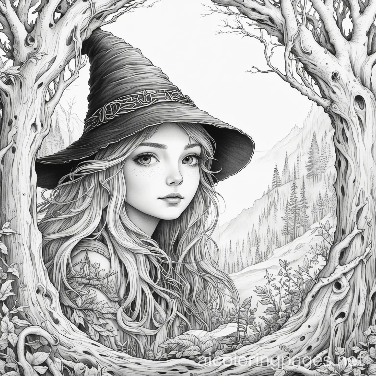 A-Line-Drawing-of-a-Hedgewitch-Peeking-Through-the-Veil-Coloring-Page